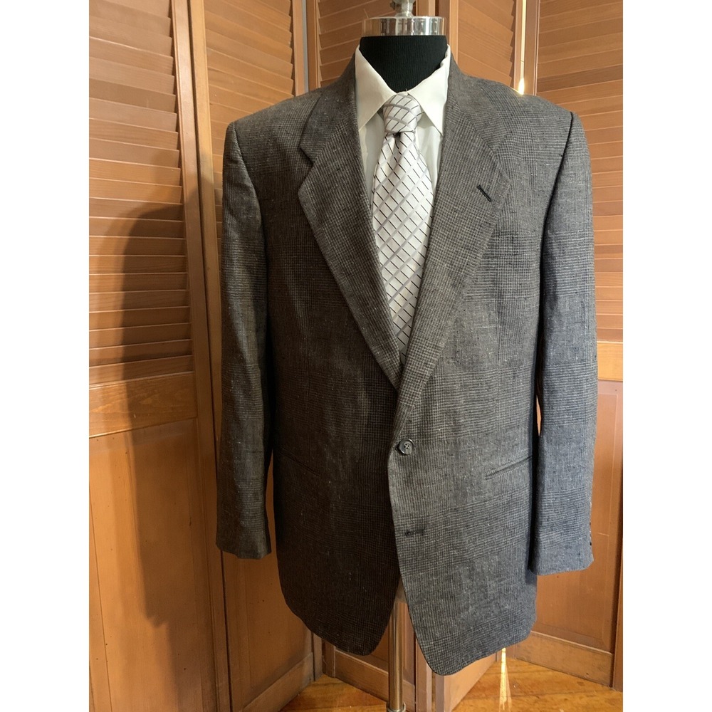 Vtg Palm Beach Sports Coat Men's Sz 44L Windowpane Tweed Black Gray USA 46"